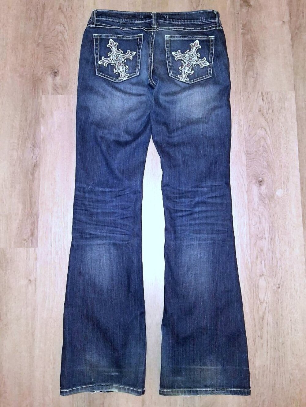 Rock 47 By Wrangler Ultra Low Rise Boot Cut Jeans Size 5 x 36 Rhinestone Bling